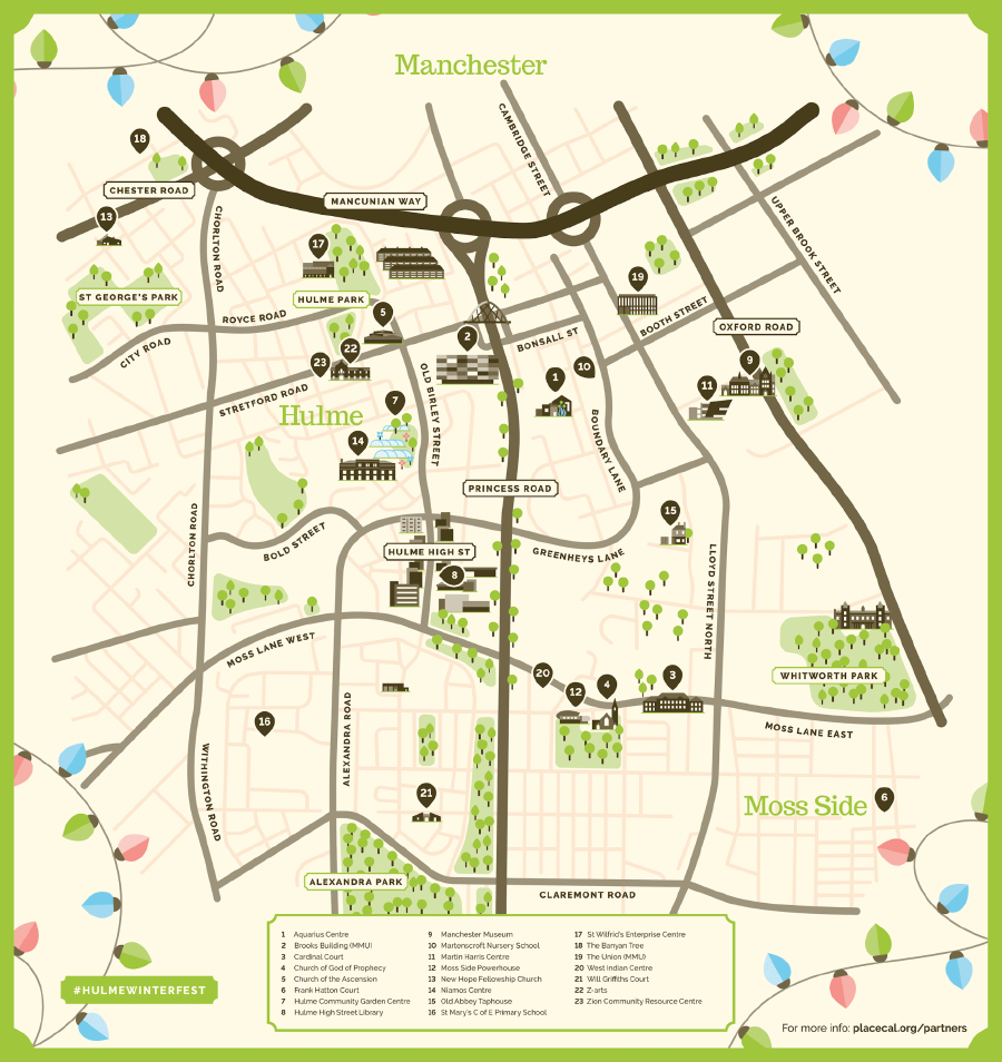 The map of Hulme and Moss Side we made for Winter 2018's mailout